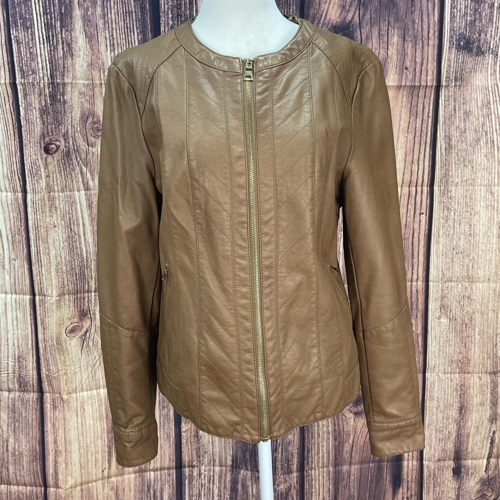 Charter club tan faux leather zipper jacket women’s size M - Picture 1 of 16